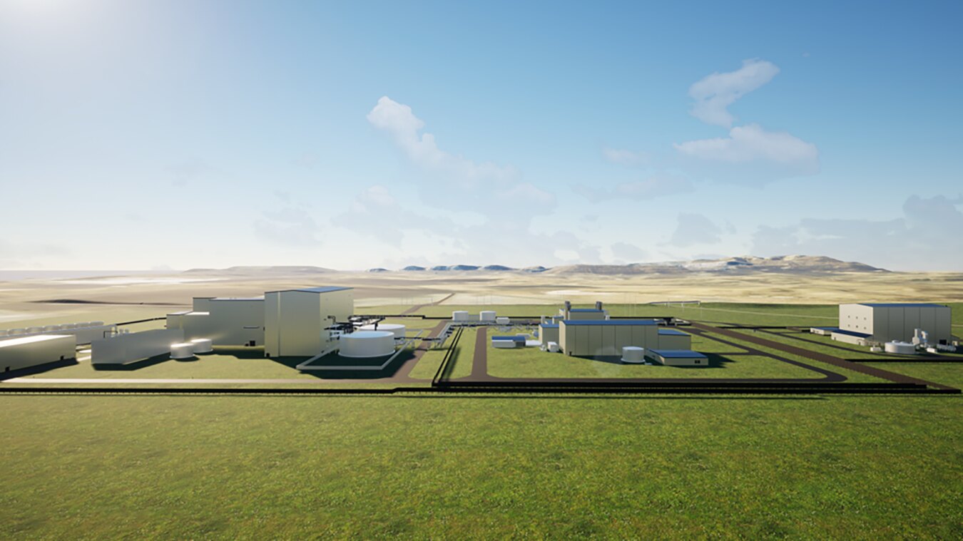 Wide rendering of the Natrium plant on the Wyoming plains