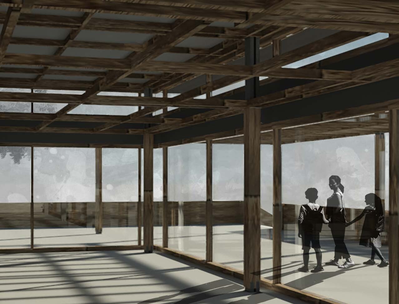 Interior rendering of the visitor center with visitors and glass walls