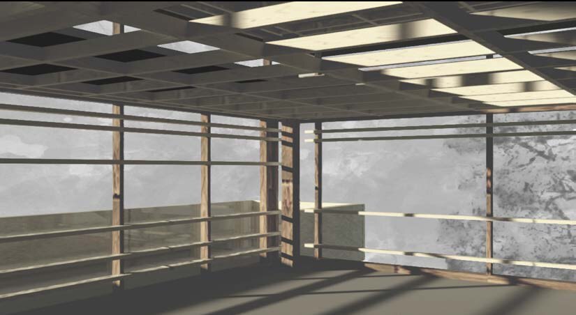 Interior rendering showing exposed timber ceiling