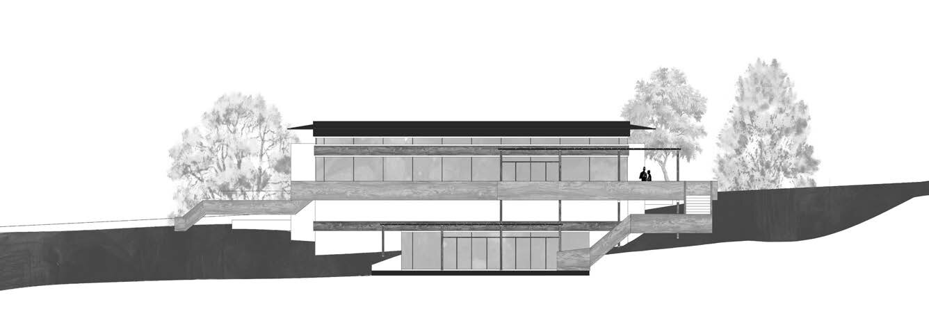 Site elevation drawing of the visitor center with trees