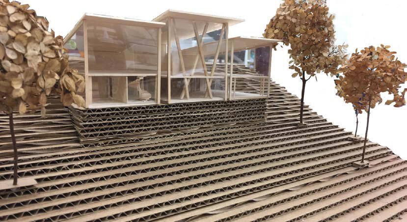Model of the research center stepping down a wooded slope with crossing beams