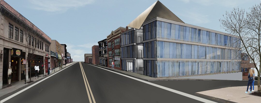 Street rendering of the children's library with glass facade and folded roof
