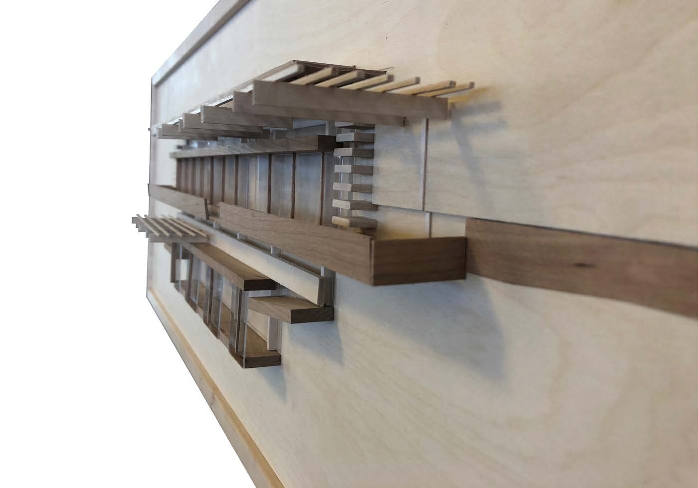 Detail of a woven wooden facade study model
