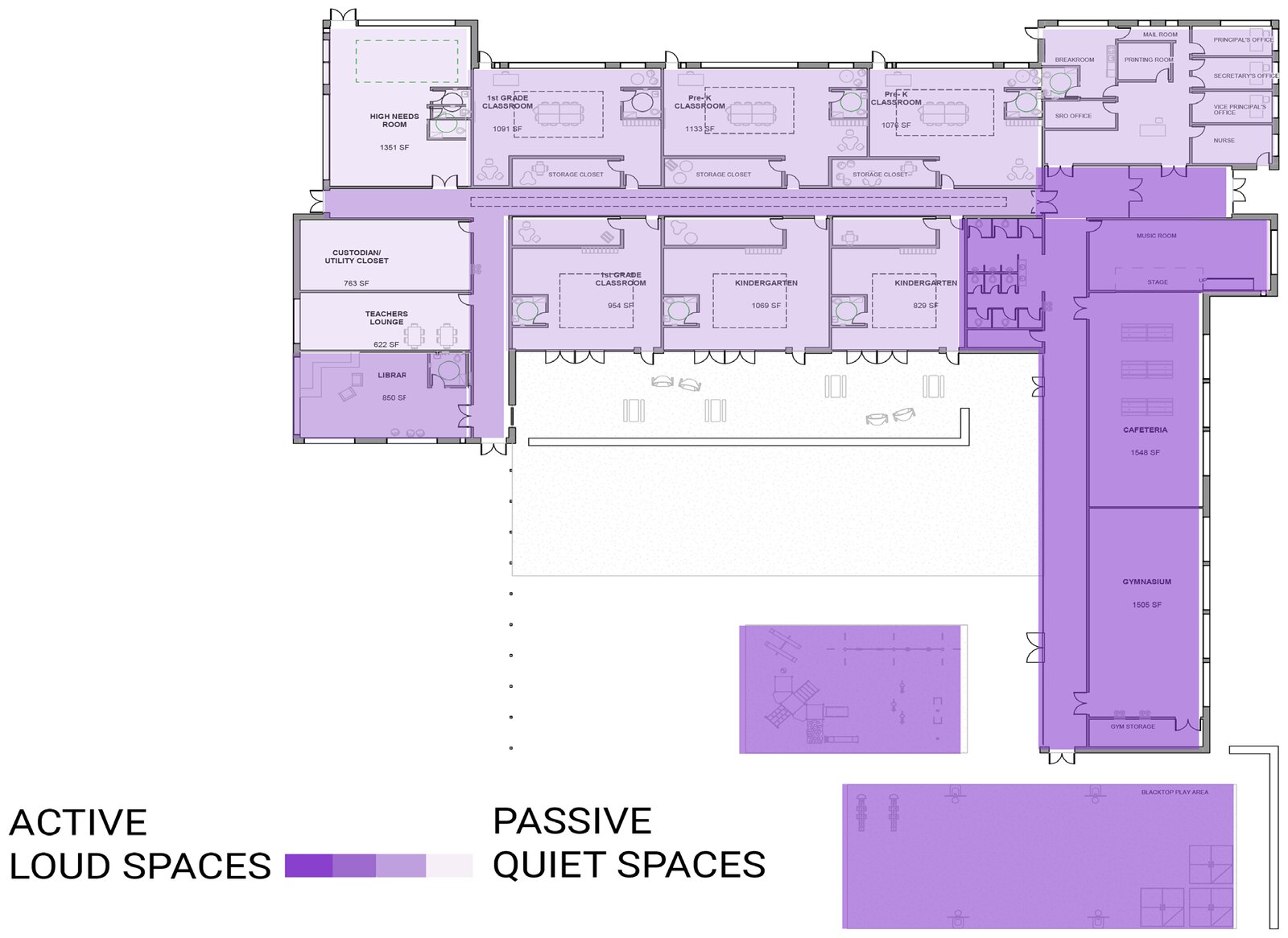 Plan diagram separating active loud spaces from passive quiet spaces