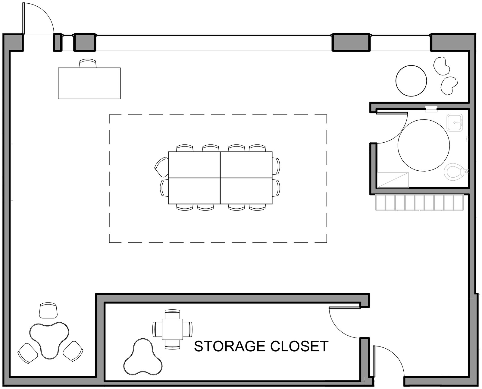 Classroom floor plan with storage closet and in-room bathroom