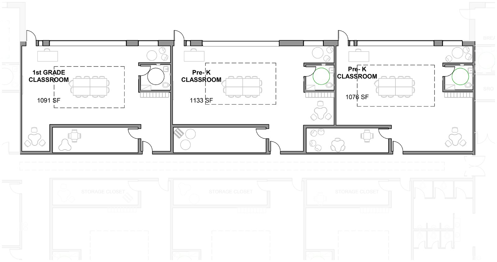 Enlarged plans of three classrooms