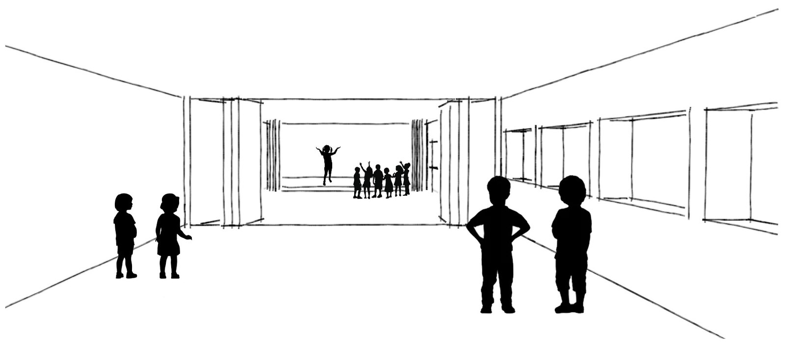 Perspective sketch of the community entry with children and adults
