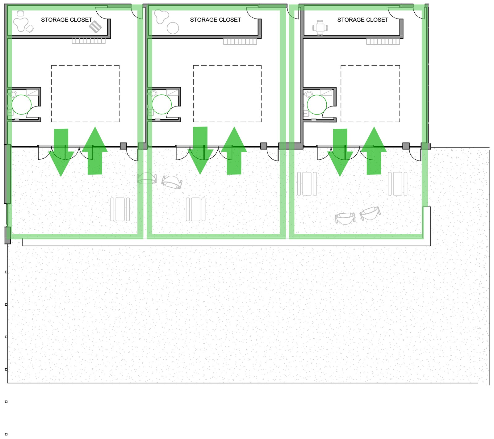 Plan of three classrooms opening onto the interior courtyard