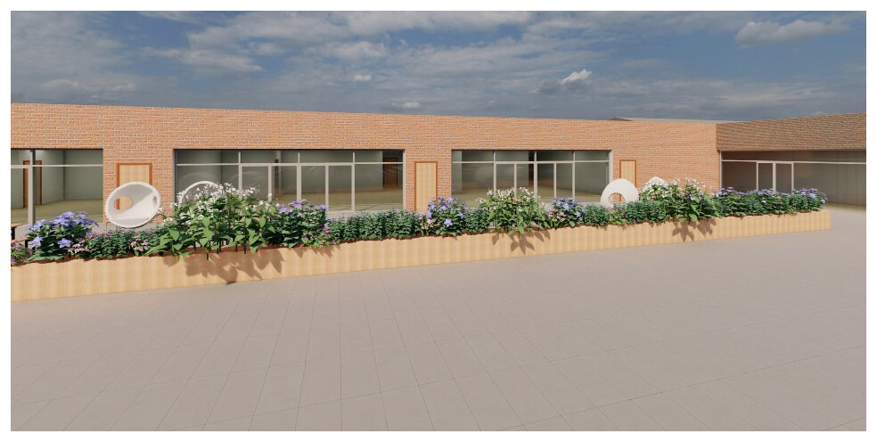 Rendering of the courtyard with planters along the classroom curtain wall