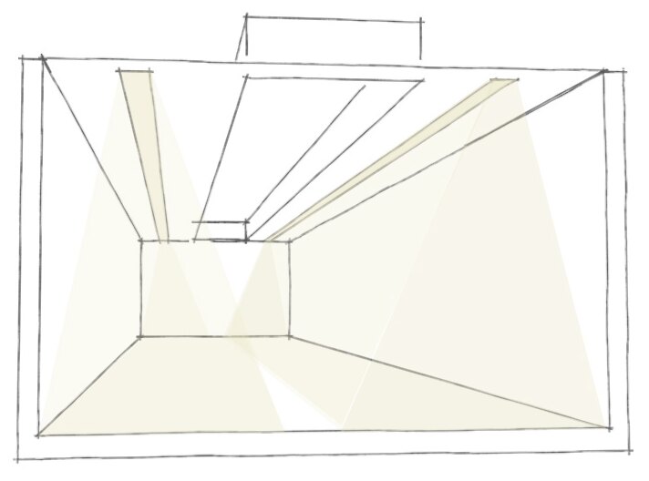 Sketch of corridor daylight with skylights close to the wall
