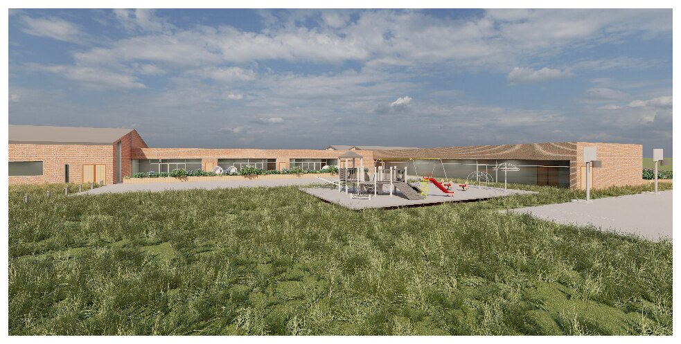Exterior rendering of the thesis early childhood center
