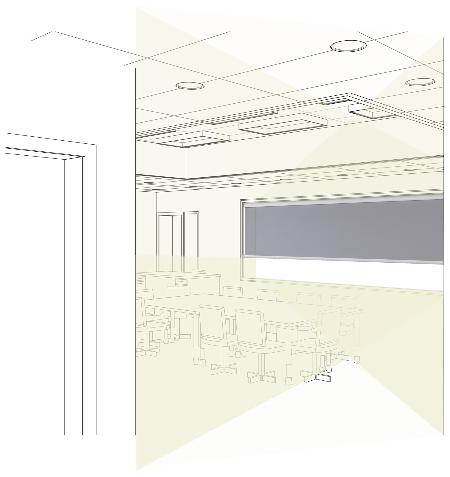 Interior sketch of a classroom window framing the landscape