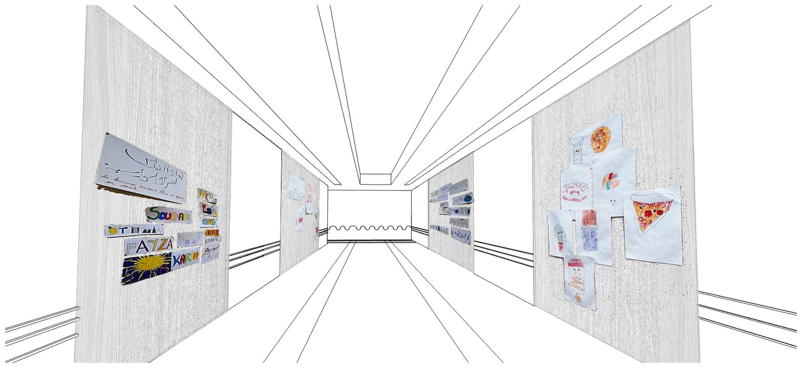 Corridor perspective with student artwork pinned along the structural wall