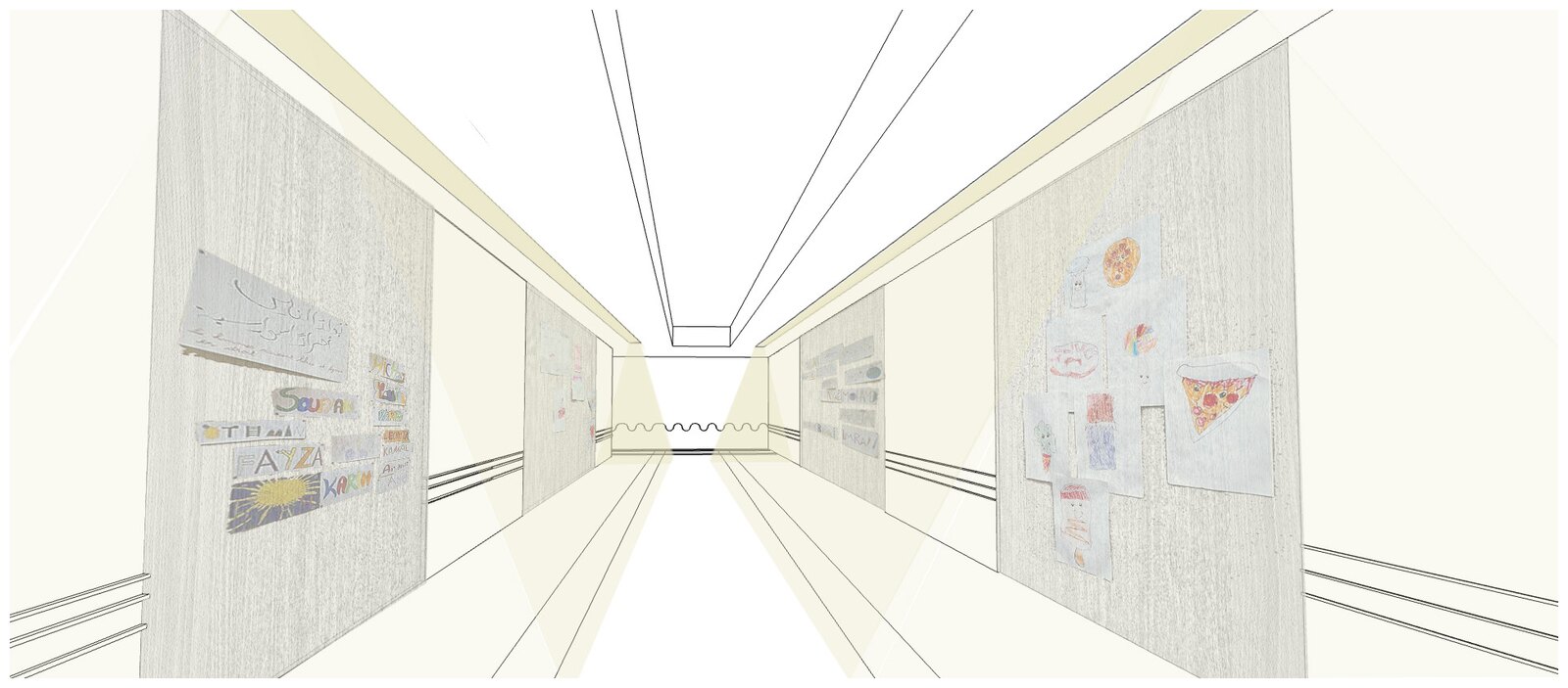 Corridor perspective with daylight washing the pin-up walls