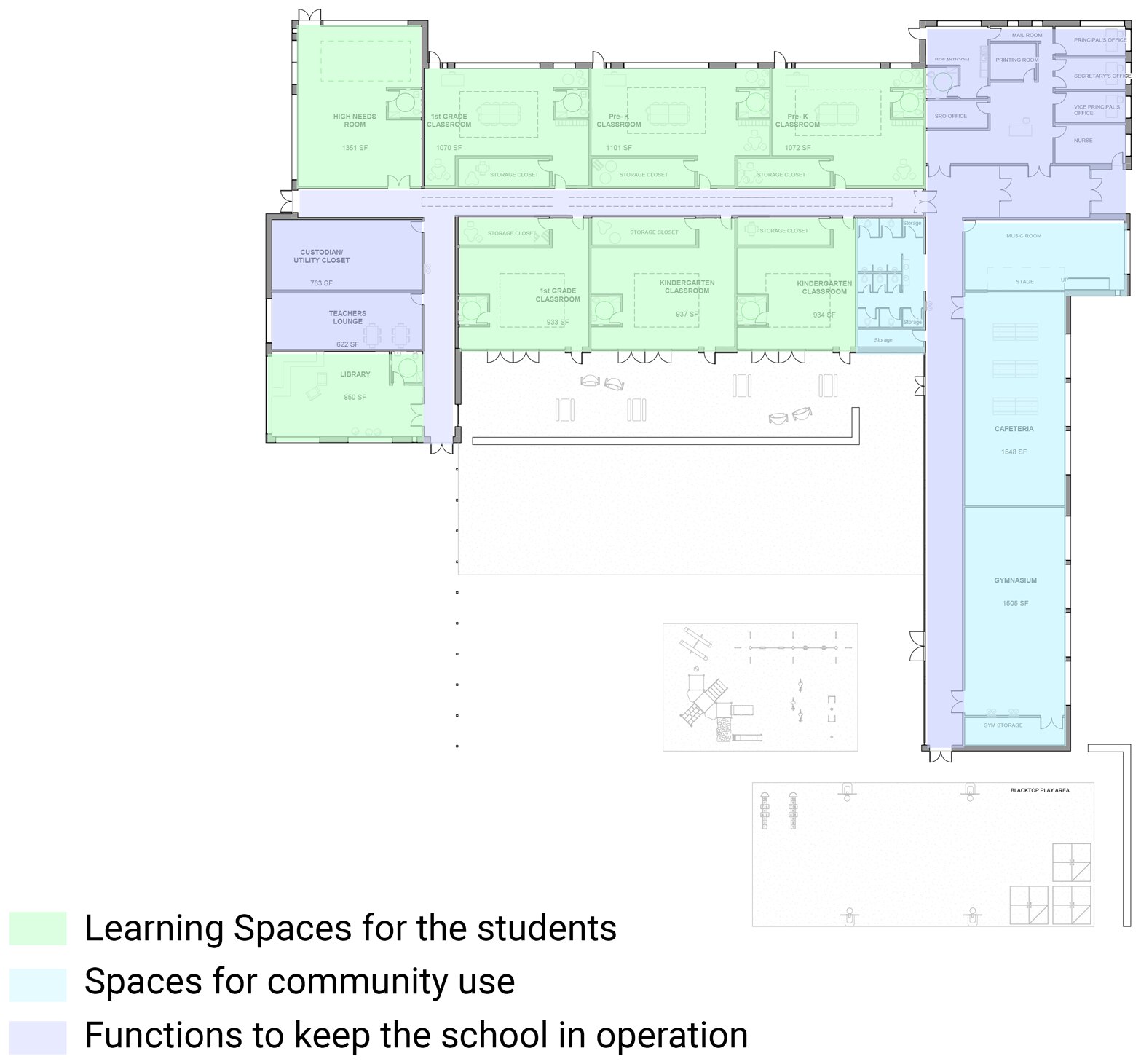 Color-coded floor plan of the early childhood center program