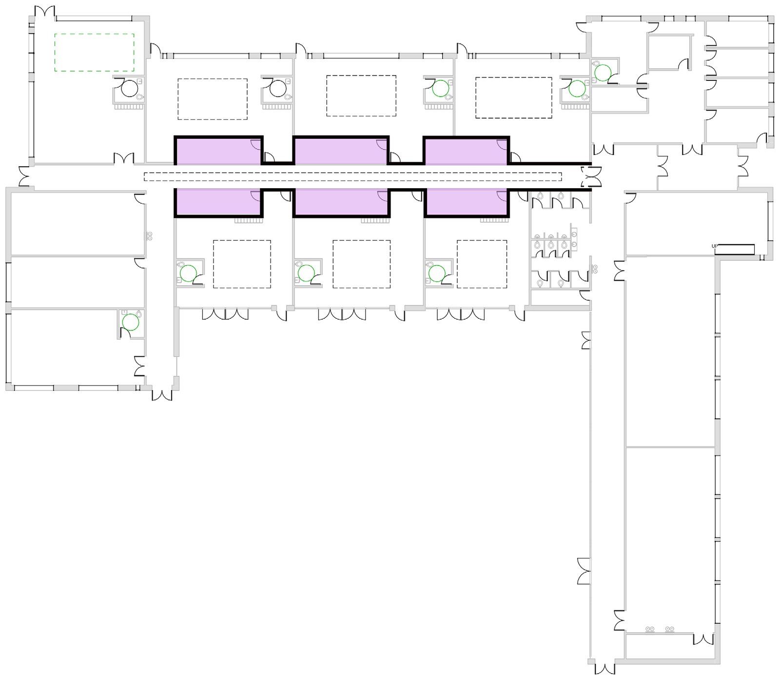 Floor plan highlighting punched-out spaces off each classroom