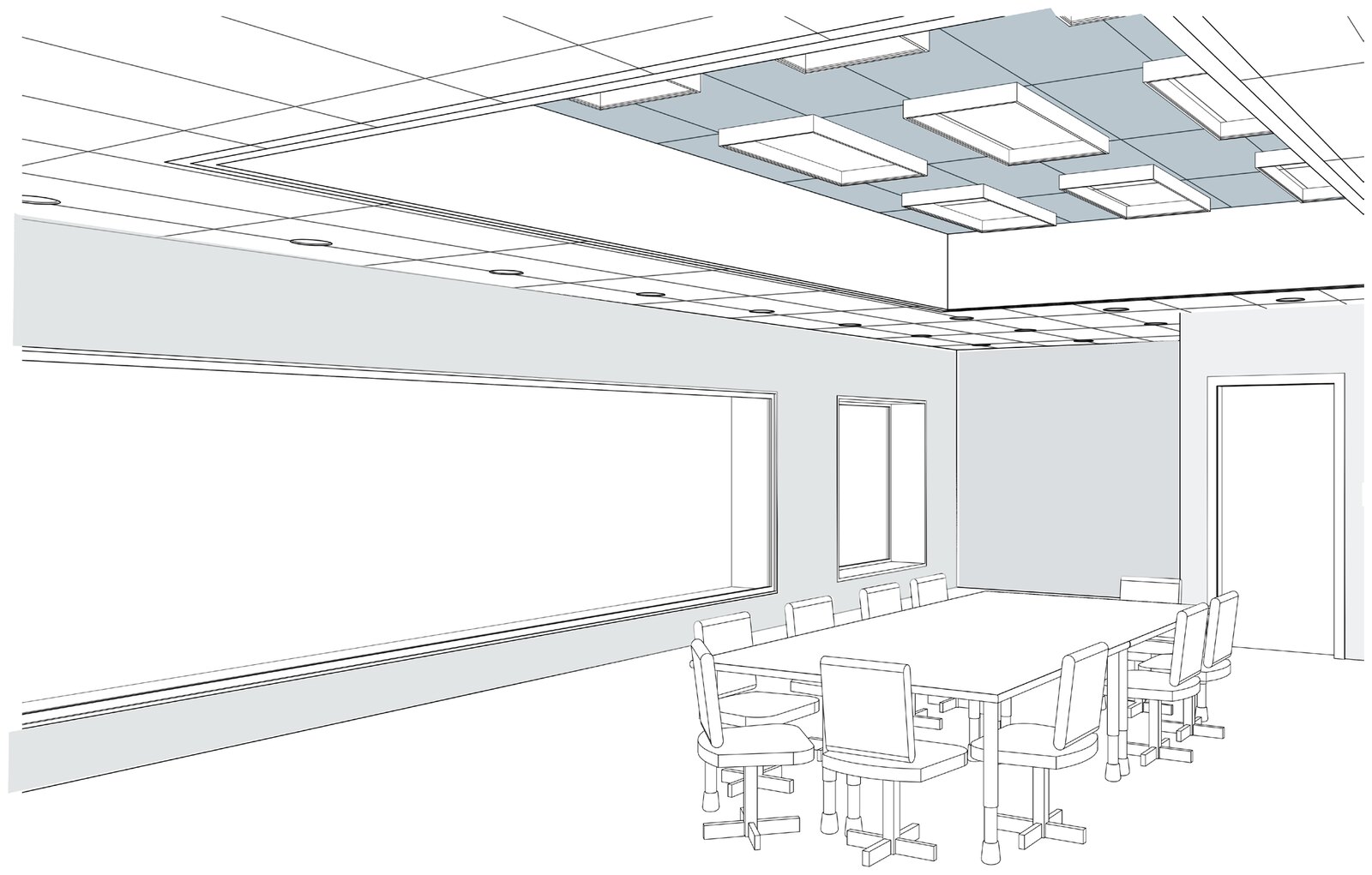Sketch of a classroom with a raised central ceiling