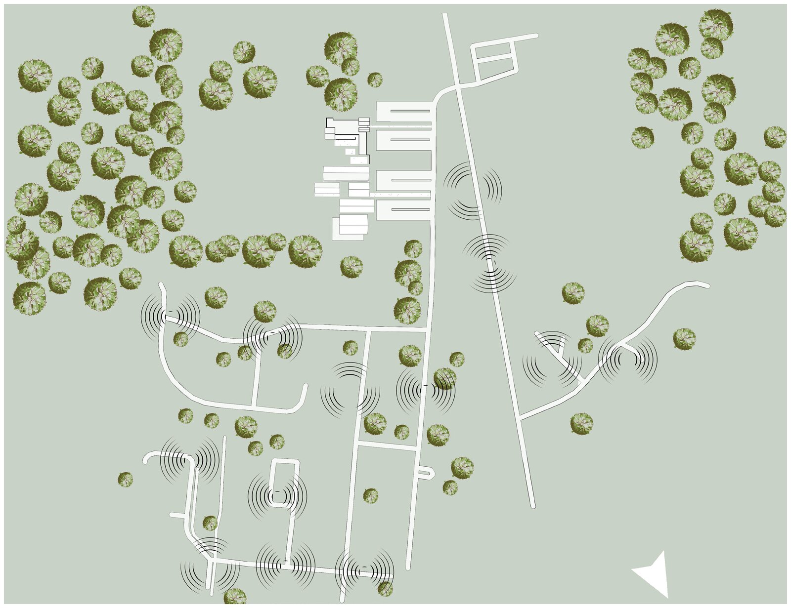 Site analysis diagram with trees and building footprint