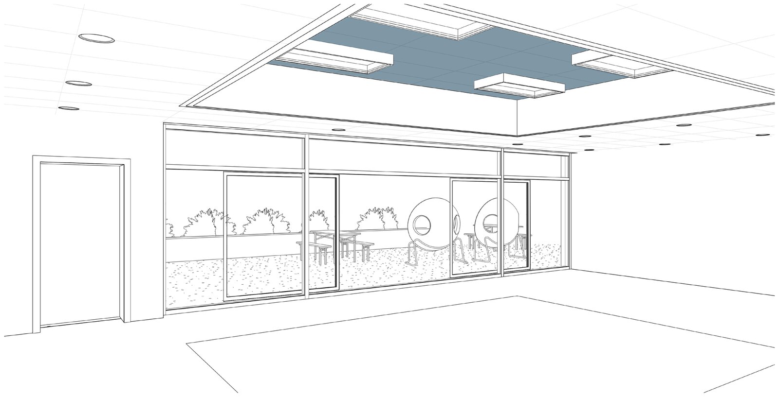 Interior sketch of a classroom with a raised ceiling volume over the gathering area