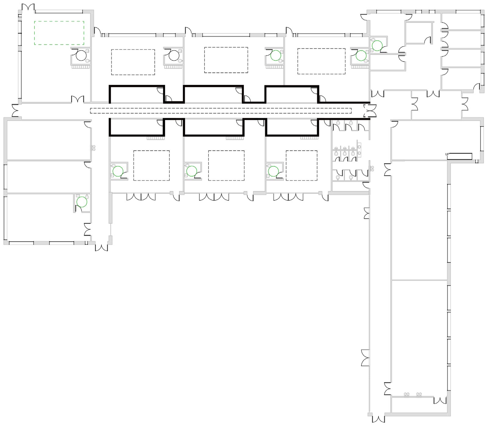 Floor plan showing the rhythmic structural wall along the main corridor
