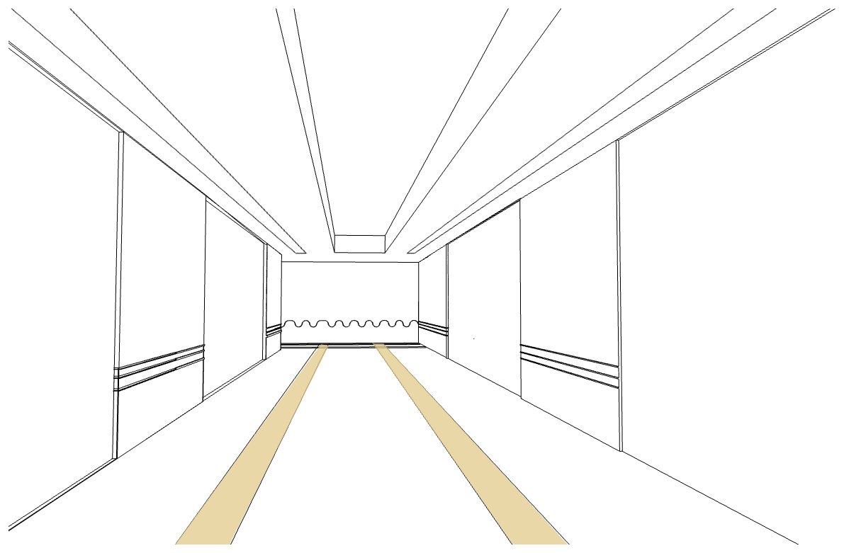 Corridor perspective with a wayfinding floor band and skylight