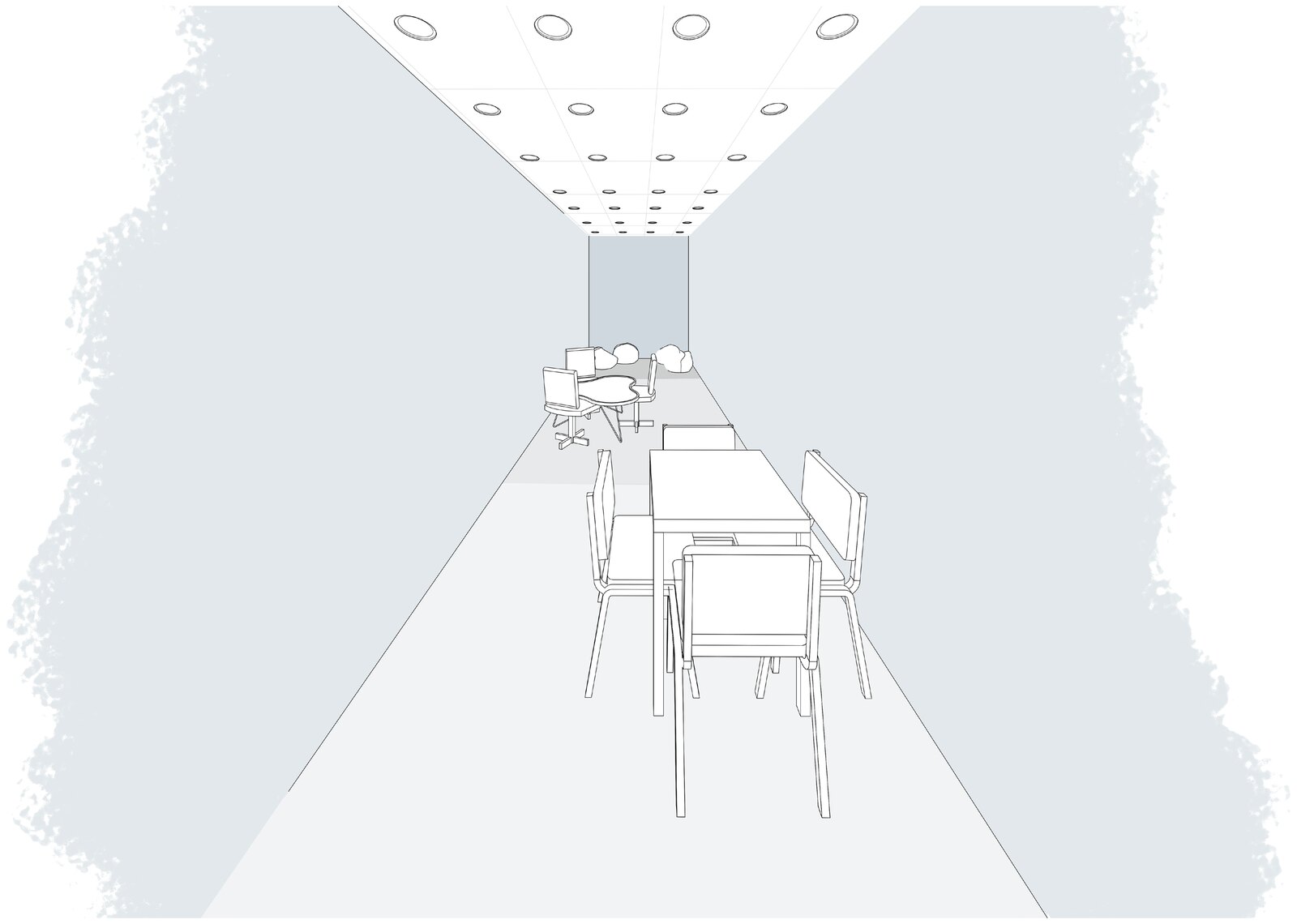 Rendering of a calm-down room with zones defined by floor color and light